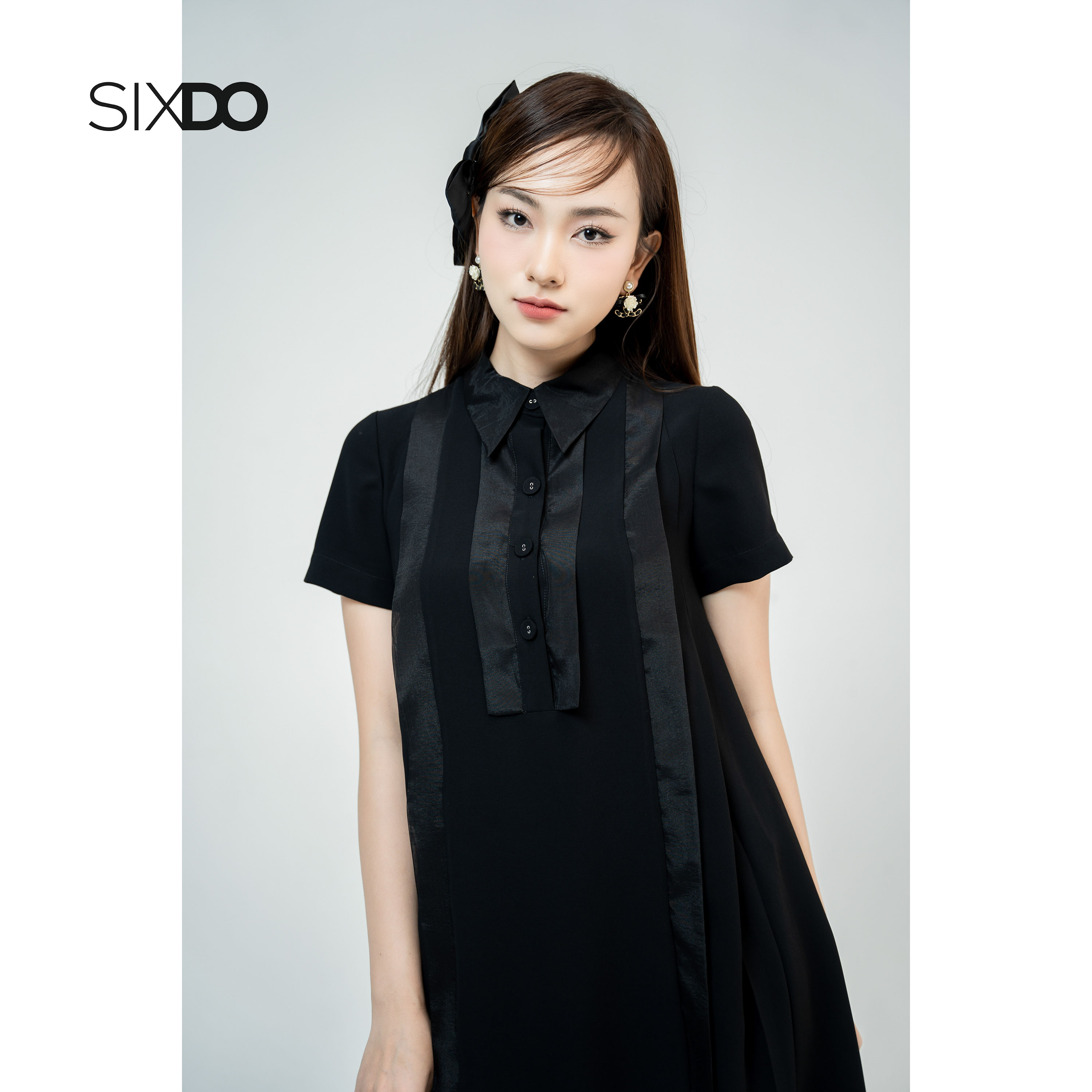 Đầm suông lụa đen cổ polo SIXDO (Black Trapeze Mini Silk Dress)