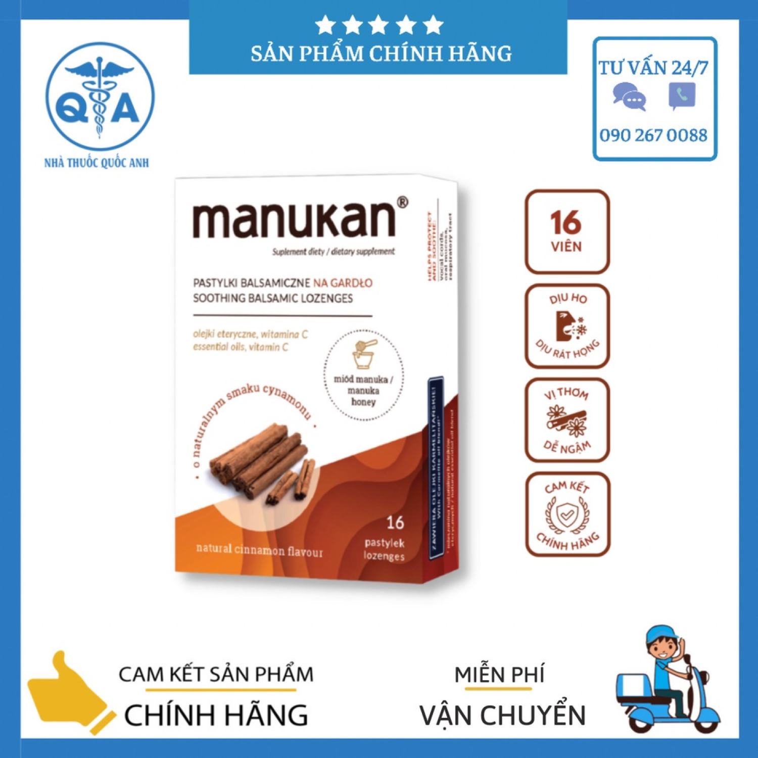Viên Ngậm Thảo dượᴄ chiết xuất từ Mật Ong và Quế Giảm Ho, Đau Họng Manukan Cinnamon Hộp 16 Viên