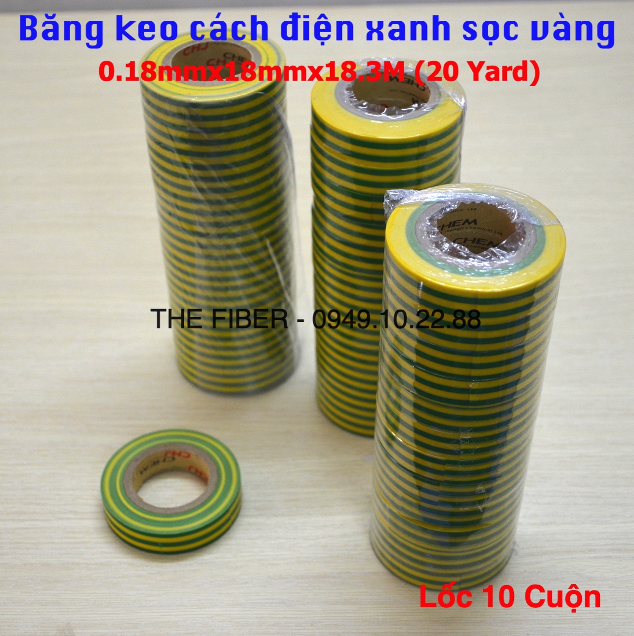Lốc 10 cuộn băng keo cách điện xanh sọc vàng 0.18mmx18mmx18.3m