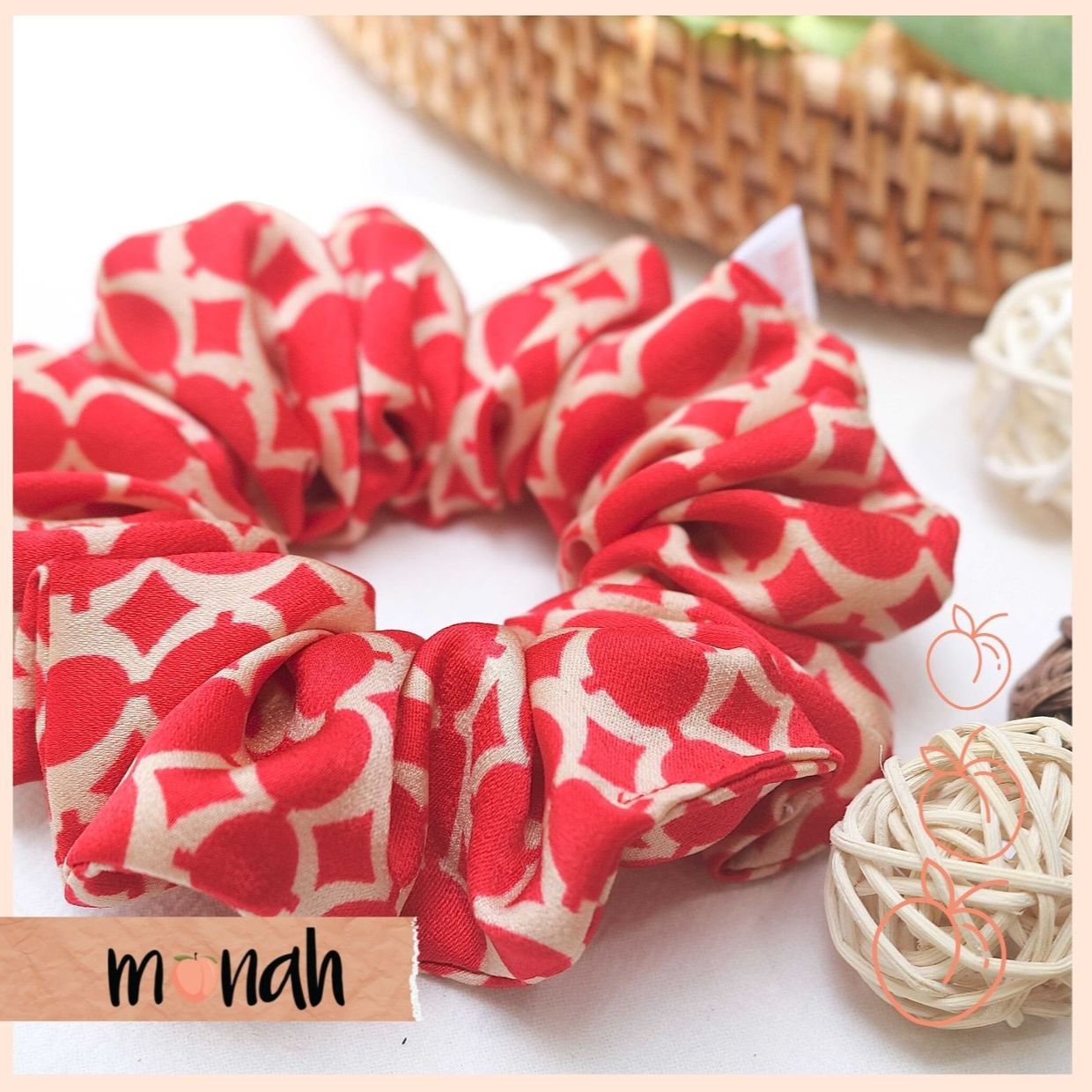 [HCM]Dây buộc tóc cột tóc scrunchie lụa Hàn đỏ họa tiết sang trọng