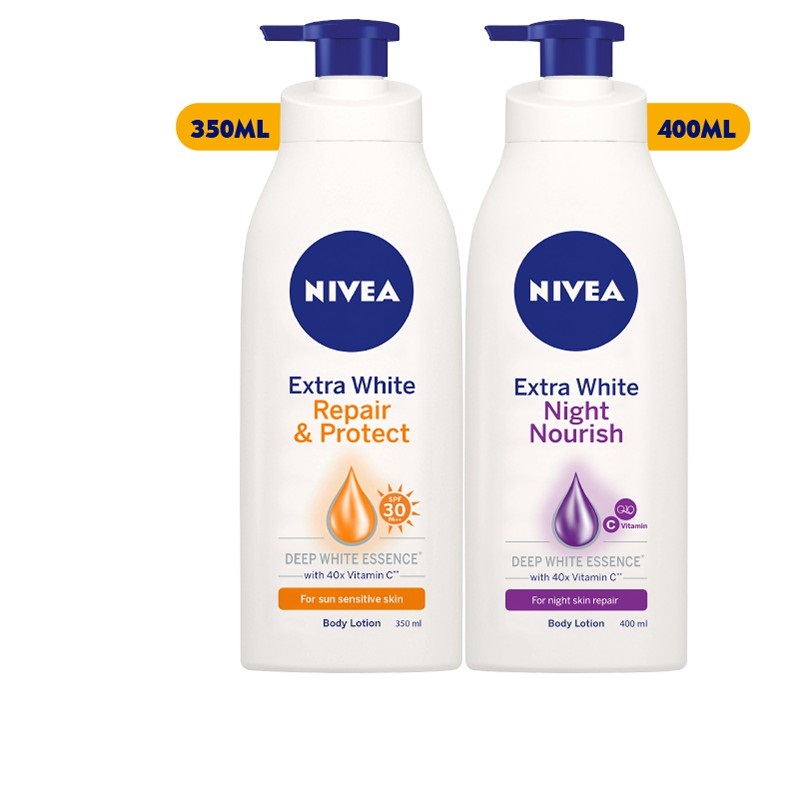 [HCM]Bộ đôi Sữa dưỡng thể trắng da NIVEA Extra White Ngày (350ml) & Đêm (400ml)