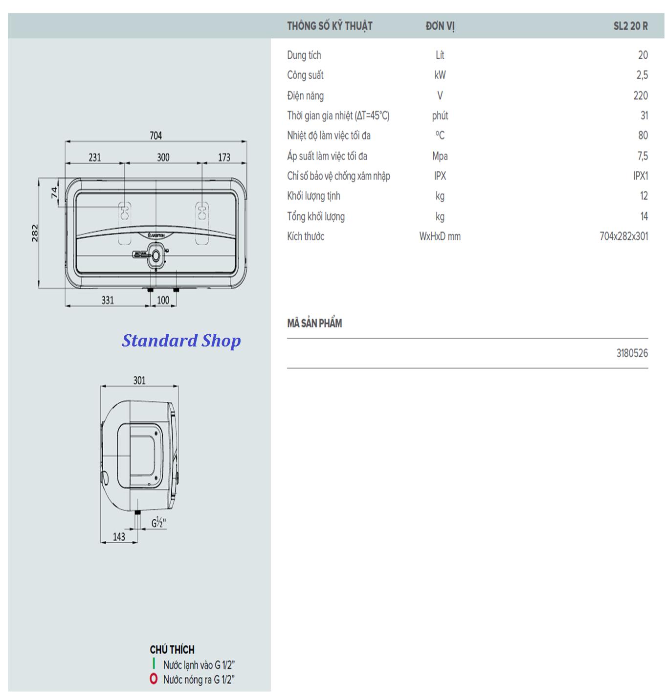 Bình Nước Nóng Ariston SL2 20R 20 lít Lắp Ngang