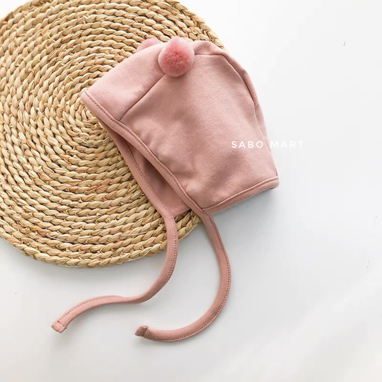 Mũ Cotton Hai Cục Bông Có Dây Buộc Siêu Yêu Hàng QC 2 Lớp Dày Dặn Cho Bé Sơ Sinh 0-12M