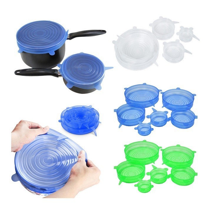 Bộ 6 nắp silicon co giãn bọc thực phẩm , miếng màng bọc thực phẩm silicon