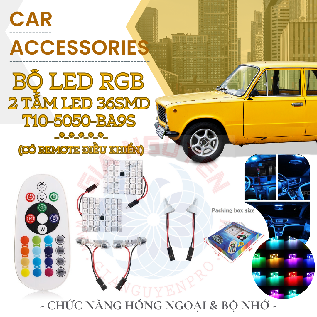 Bộ Đèn Led RGB Chức Năng Hồng Ngoại & Bộ Nhớ | 2 tấm LED 36SMD T10-5050-BA9S Festoon (có Remote Điều Khiển)
