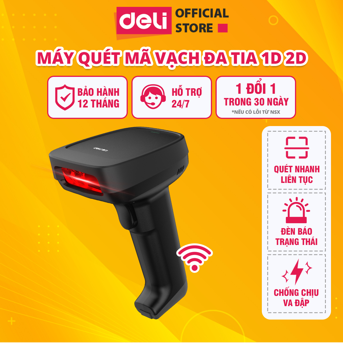 Máy Quét Mã Vạch DELI, Máy Quét Đa Tia, Kết Nối Có Dây Và Không Dây, Quét Các Loại Mã Vạch 1D 2D Barcode QR CODE, Bắn Mã Vạch Liên Tục Dùng Trong Siêu Thị, Cửa Hàng, Tạp Hóa, Hiệu Thuốc