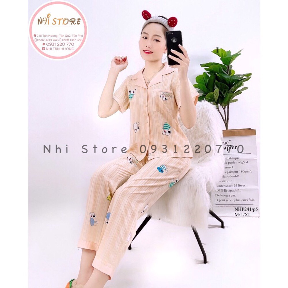Bộ mặc nhà nhistore pijama quần dài tay ngắn lụa mango họa tiết chuột dễ thương 45 -62kg
