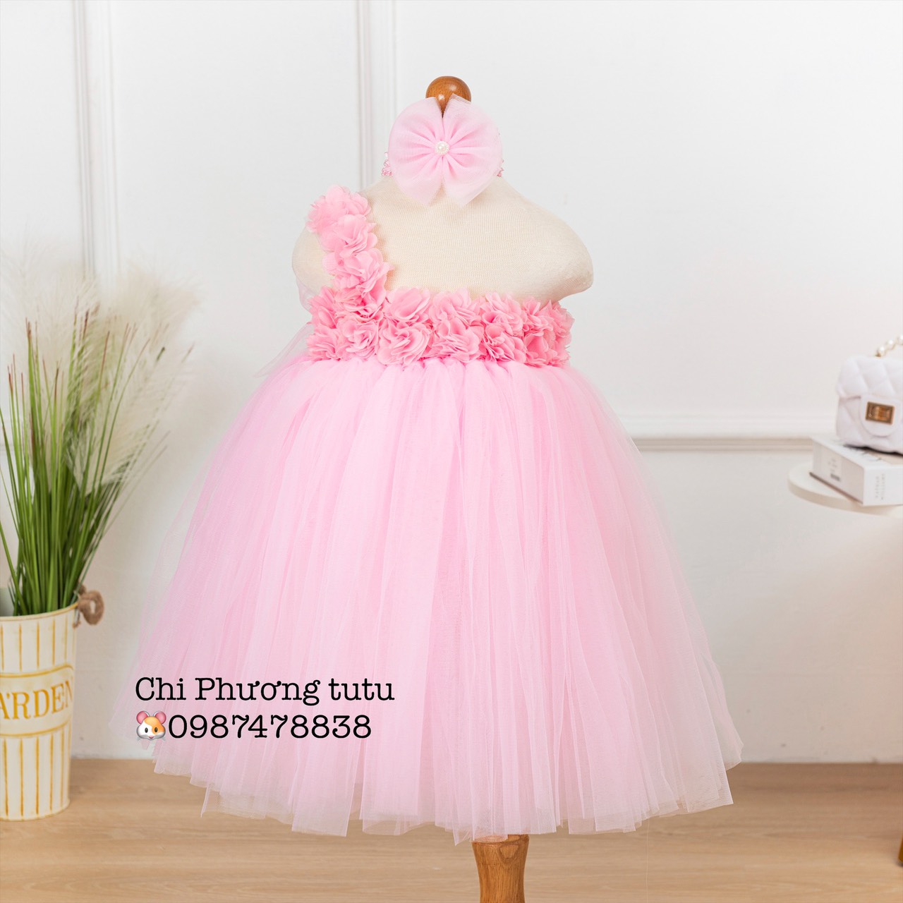 Đầm cho bé gái / váy  công chúa cho bé hồng phấn hoa dải 1 vai  , tặng kèm băng đô hoặc cài tóc