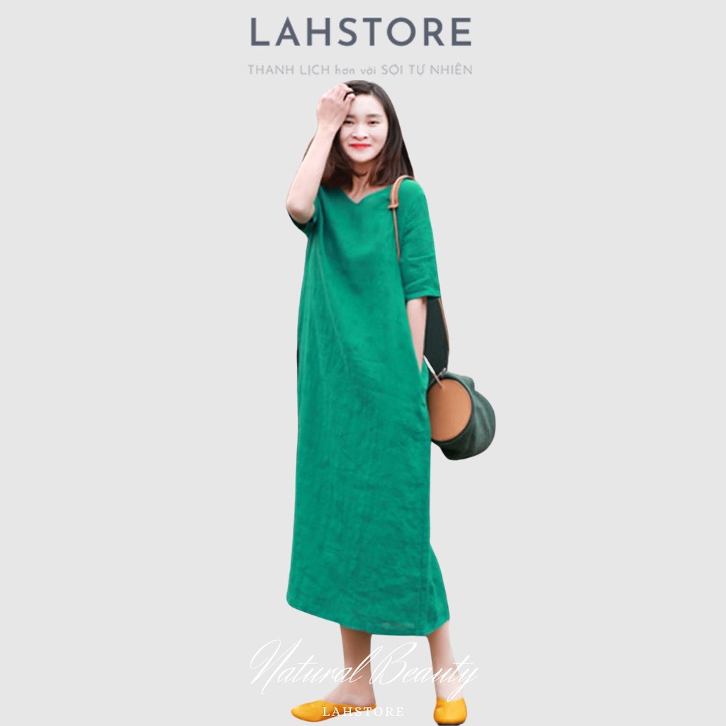 Váy linen suông nữ slinen tay lỡ cổ 2 cổ tim