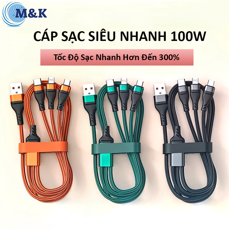 Cáp sạc siêu nhanh 3 trong 1 100w 6a cổng micro usb + type-c + iphone hỗ trợ truyền dữ liệu