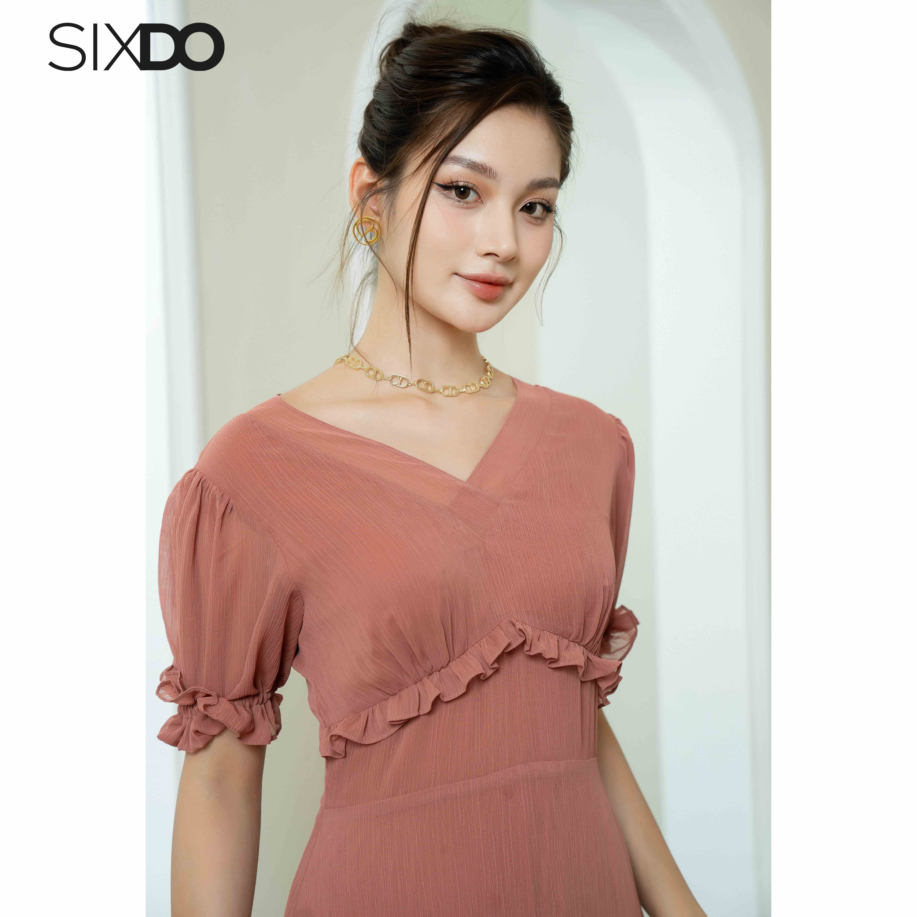 Đầm maxi voan cổ v sixdo