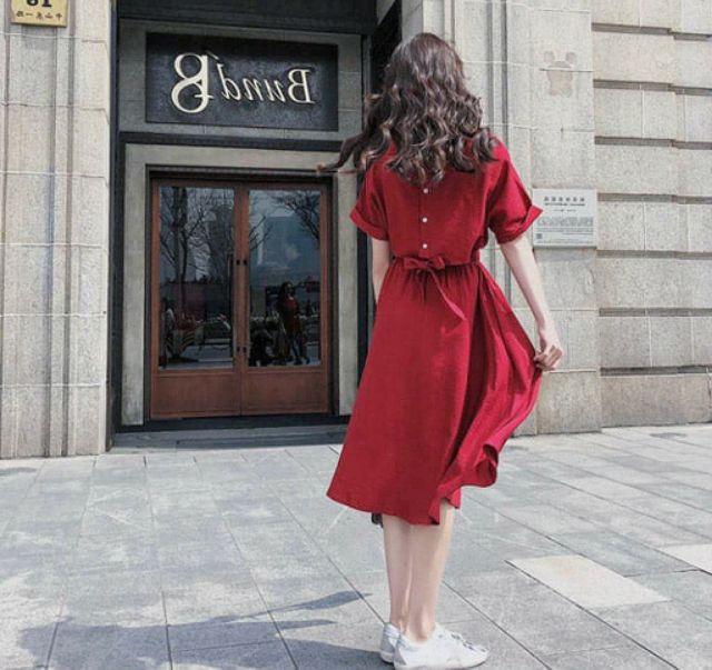 [HCM]Đầm đỏ nút sau (kèm hình thật)