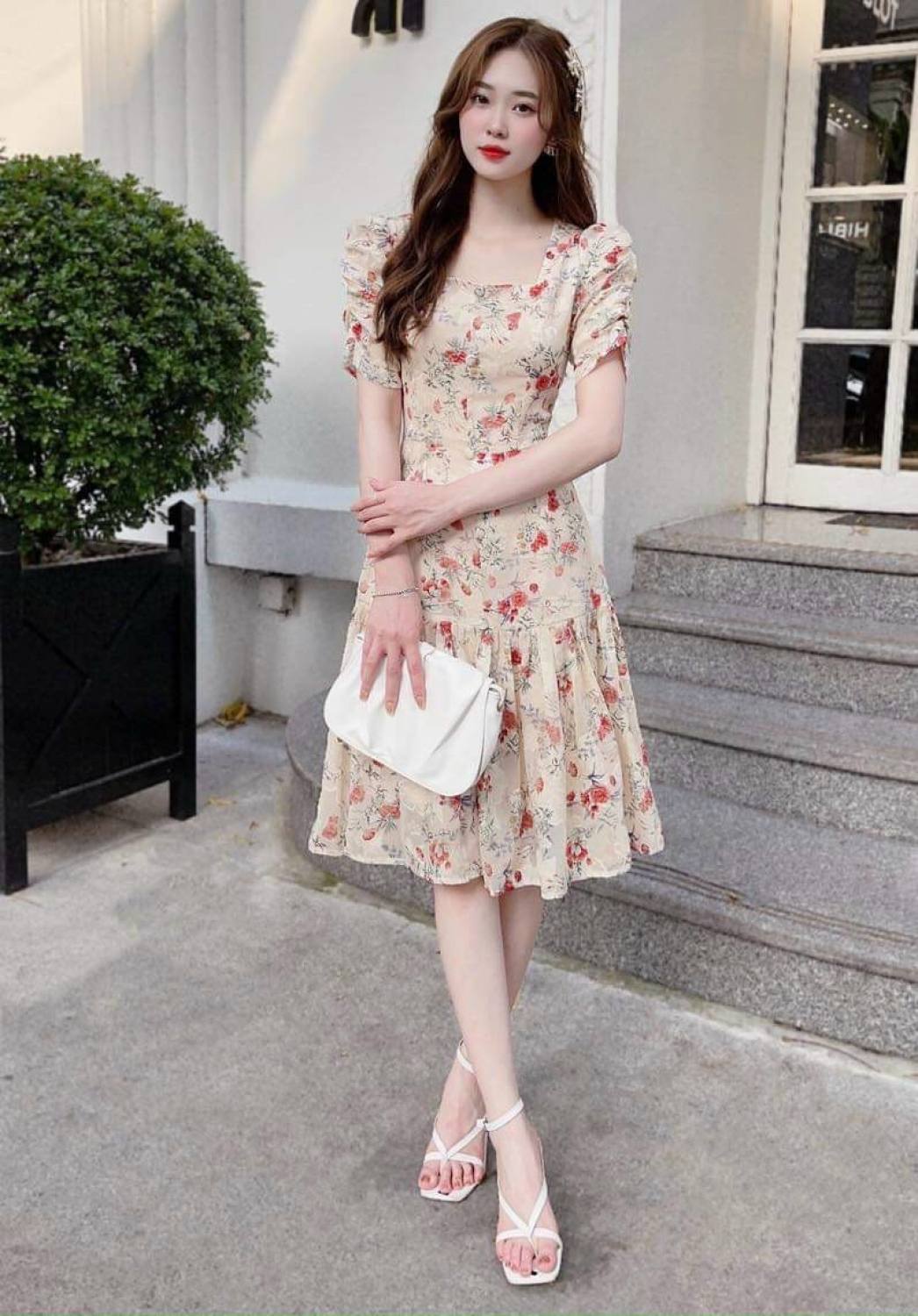 [Voucher 50k Freeship Max 0 đồng toàn quốc] Đầm hoa nhí tay phồng đầm nữ xòe đuôi cá đầm nữ cổ vuông váy nữ mặc đi chơi váy hoa nhí Hàn Quốc dễ thương