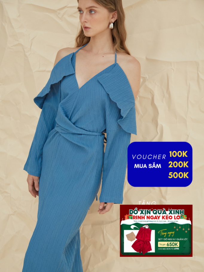 COCO SIN - Đầm Trẹt Vai Xanh Twist Eo