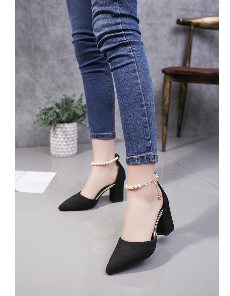 Giày Cao Gót Vuông 7p Bít Mũi Cổ Chuỗi Lz-098