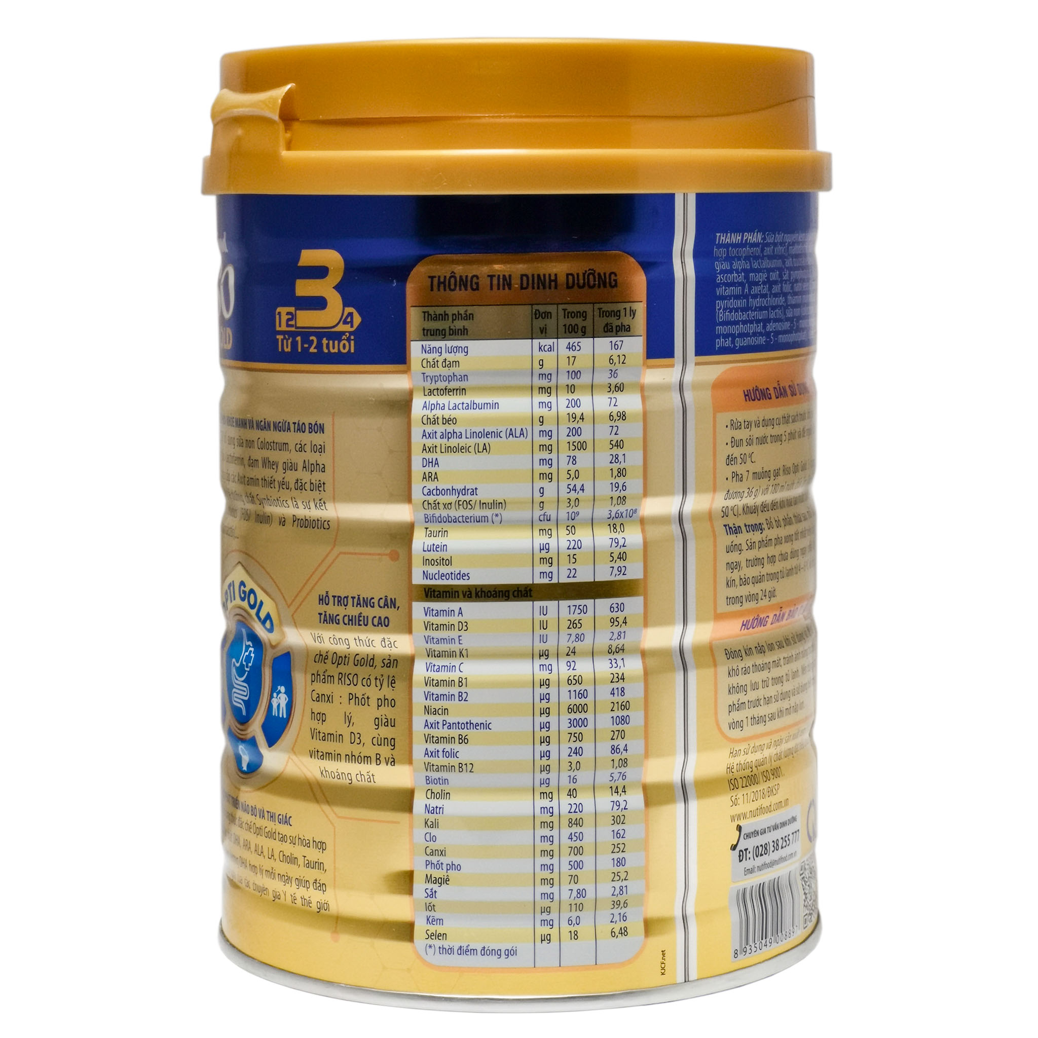 Sữa Bột Nutifood Riso Opti Gold 3 - Hộp 900g (Cho trẻ 1~2 tuổi)