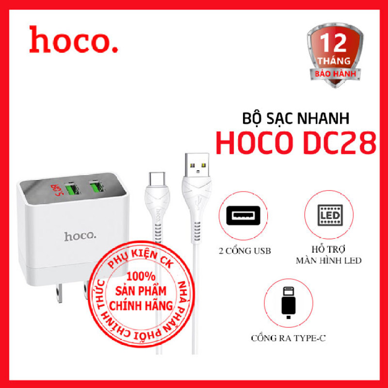 Bộ sạc nhanh Hoco DC28 2 cổng USB 5.0A màn hình led kèm cáp Type-C