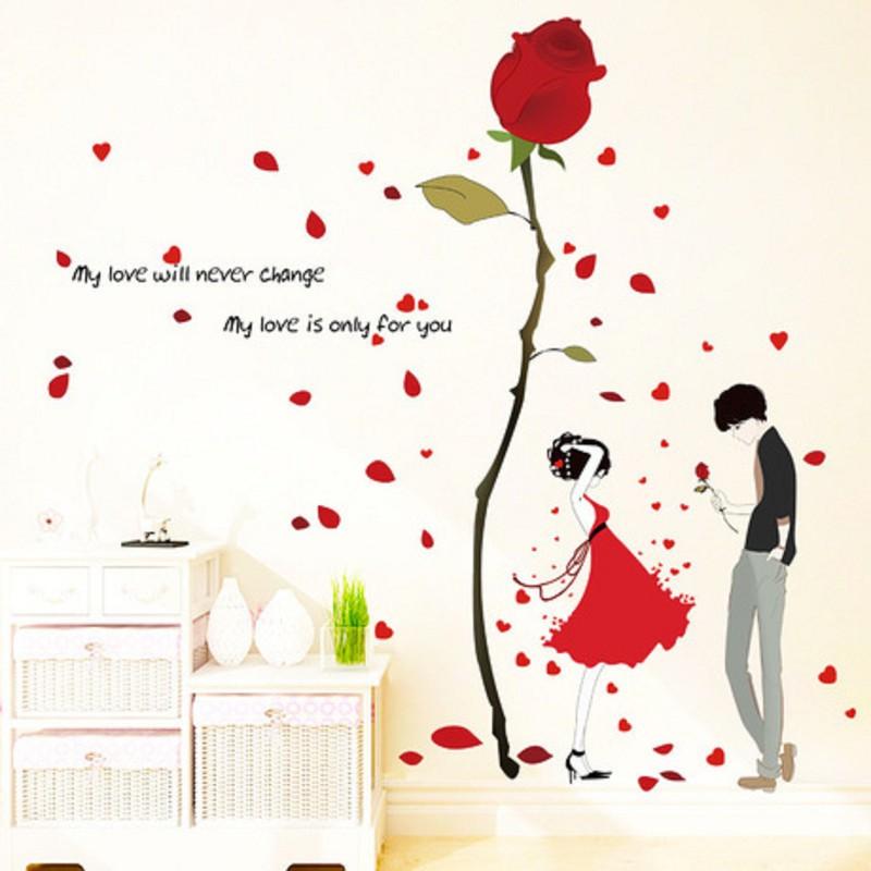 decal dán tường  đôi uyên ương và cây hồng đỏ