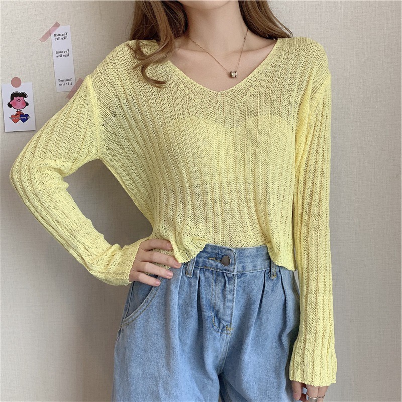 MS229 Áo len dệt kim mỏng dài tay cổ tim