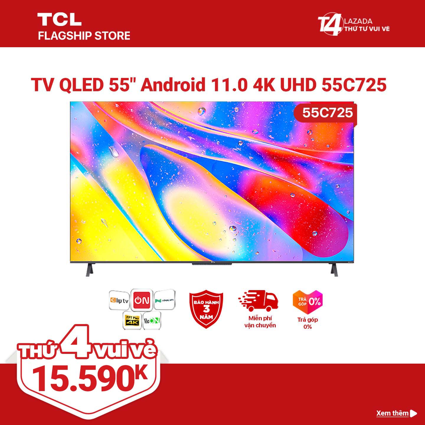 TV QLED 55'' 4K Android 11 Tivi TCL 55C725 - Gam Màu Rộng , HDR 10+, MEMC , Dolby Audio - Bảo Hành 3 Năm , trả góp 0%