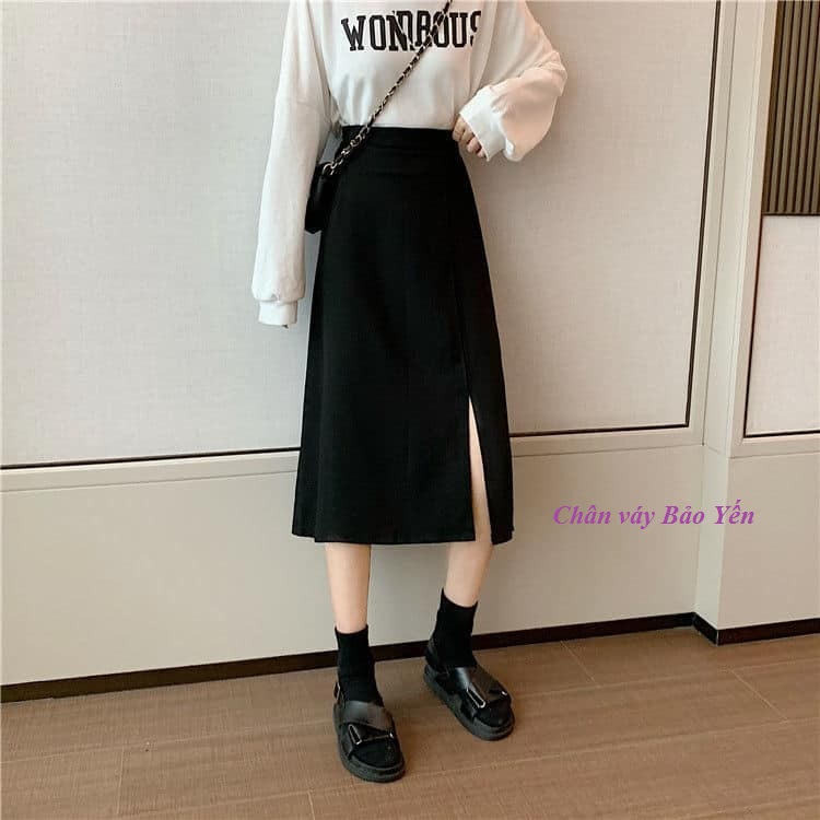 Chân váy midi A xẻ đùi dài 70cm