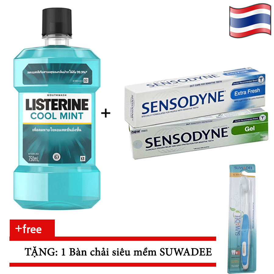 1 nước súc miệng Listerine 750ml và 2 kem đánh răng Sensodyne.
