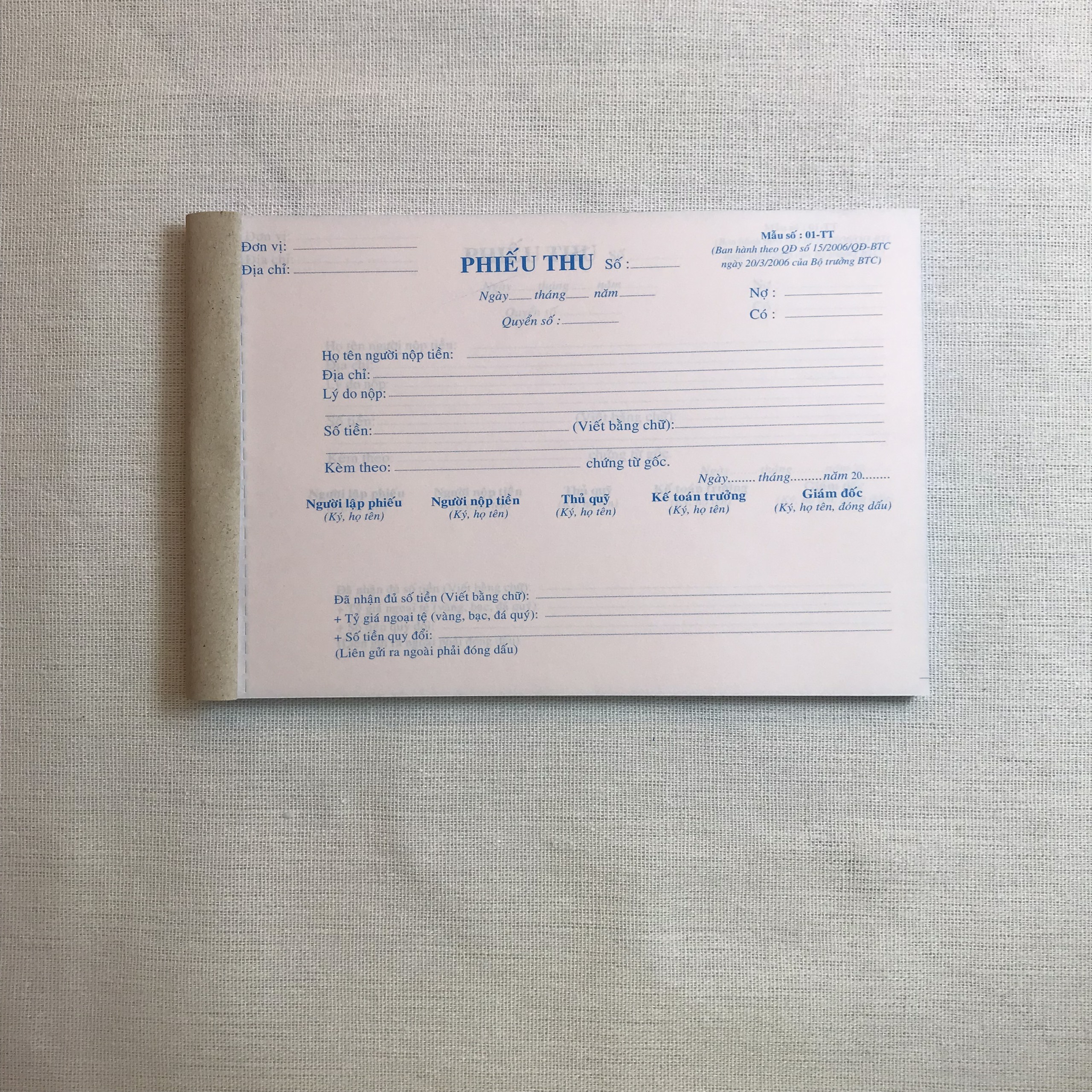 PHIẾU THU 2 LIÊN (NY)