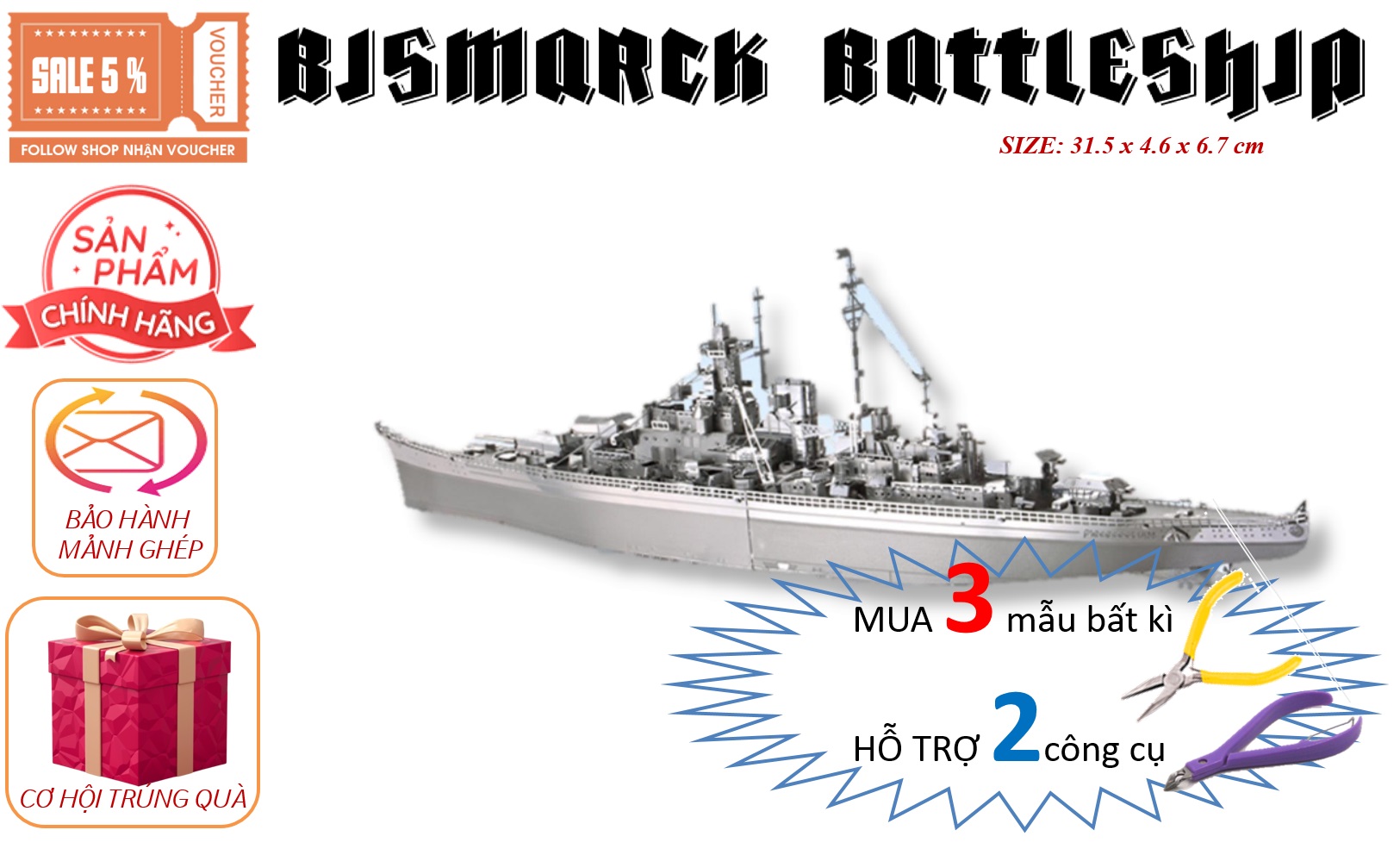 Mô Hình Lắp Ráp 3d Tàu Chiến Bismarck – Đức (Kim loại tự ráp)