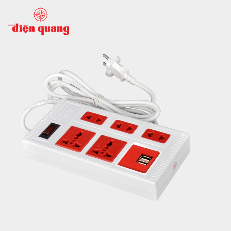 Ổ Cắm Điện Quang ECO ĐQ ESK 5ECO 2A (5 lỗ, 2 cổng USB 2.0A, màu trắng đỏ) giá rẻ
