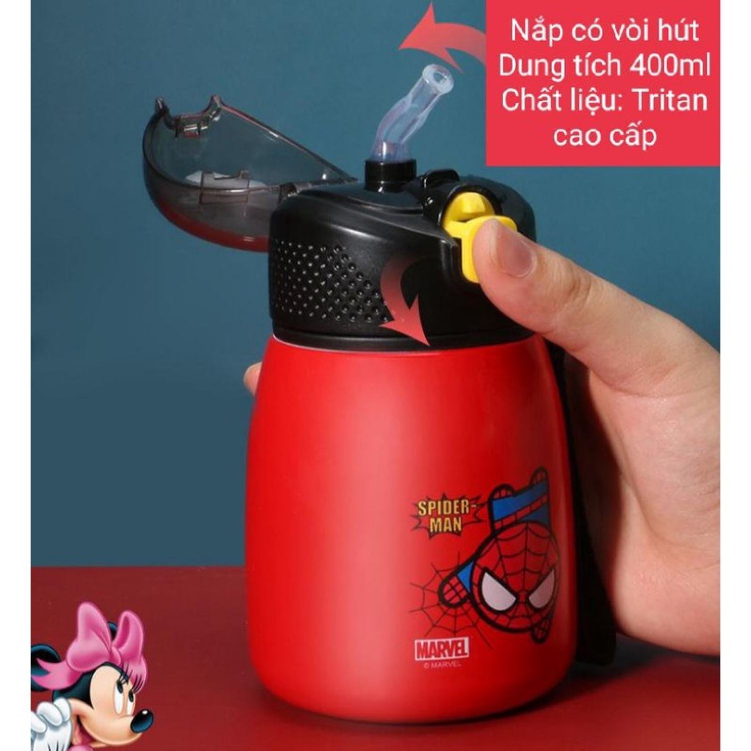 Bình nước Siêu Anh Hùng Marvel, bình nước Người Nhện Captain Disney dành cho bé đến trường