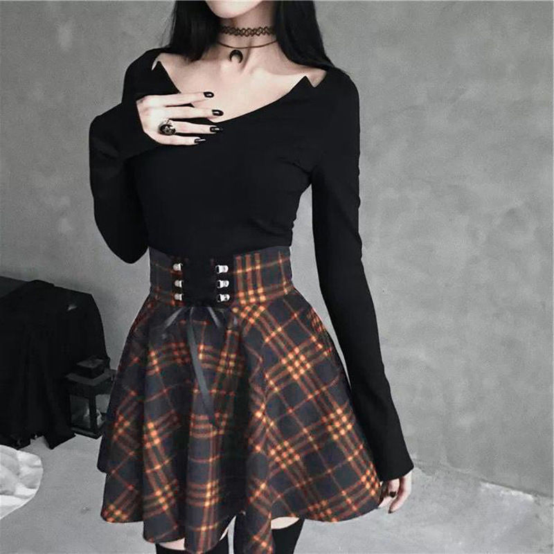 Ca Rô đen nữ Gothic Váy Nữ Xếp Ly Kẻ Sọc Váy Mùa Xuân Thu Đông Bé Gái Hip Hop Nữ Punk Goth Mini clubwear Bán giỏi nhấthkjj