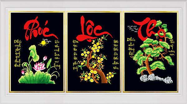Tranh đính đá mẫu mới Phúc - Lộc - Thọ-KT: 147x69 (Kho Tranh Giá Rẻ)