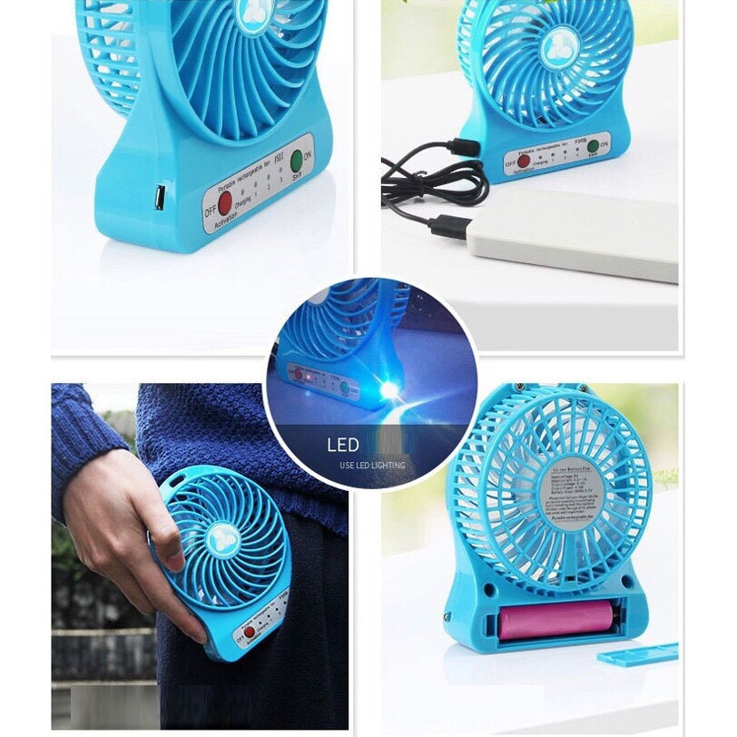 Quạt Mini Cầm Tay - Quạt 3 Tốc Độ Có Đèn (Full Bộ: Quạt + Pin + Dây Sạc)