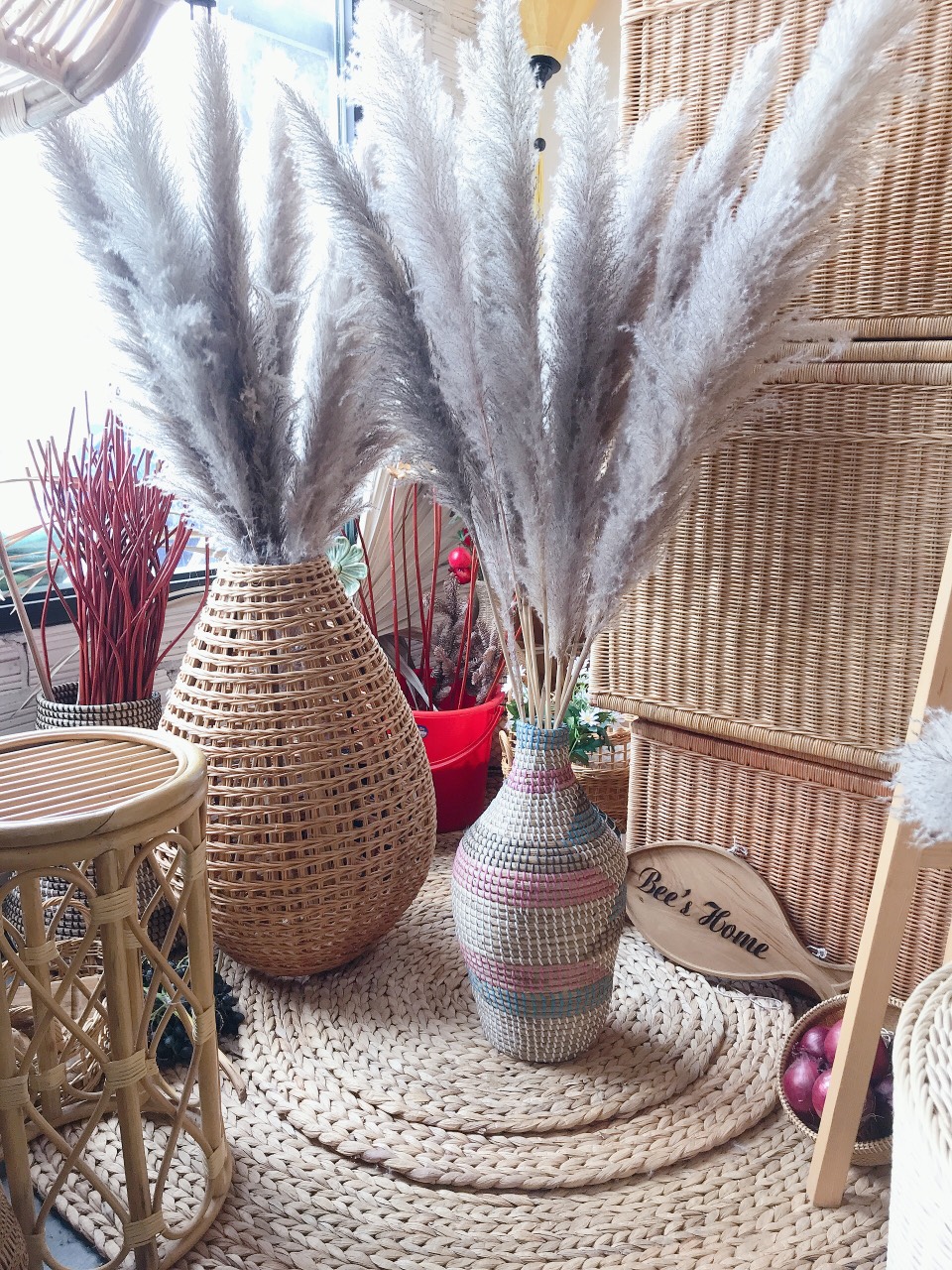 Lọ hoa, lục bình bằng cói nhiều màu tự nhiên đan tay tỉ mỉ dùng décor trang trí phong cách vintage boho xinh xắn, có ảnh thật