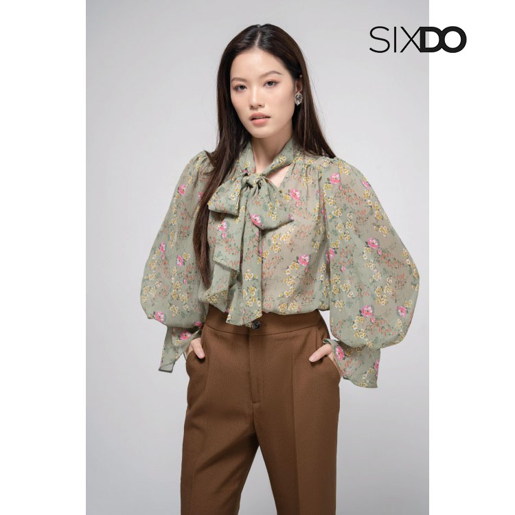 Áo sơ mi nữ voan tay phồng thời trang SIXDO (Olive Floral Voile Shirt)