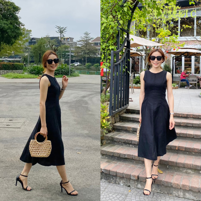 Đầm Linen Tưng Premium Sát Nách Đen TYMLIC