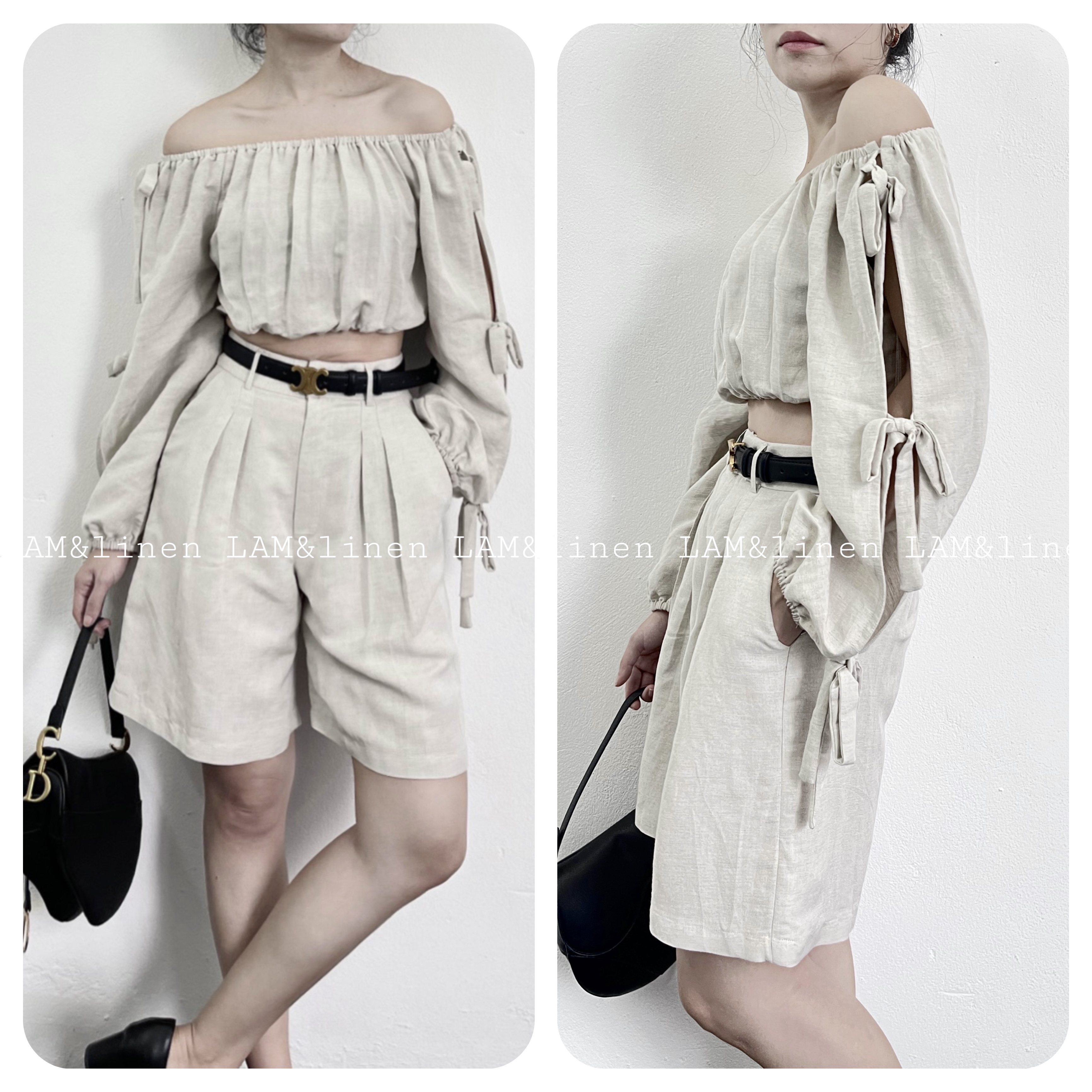 Áo kiểu trễ vai thắt nơ  Linen