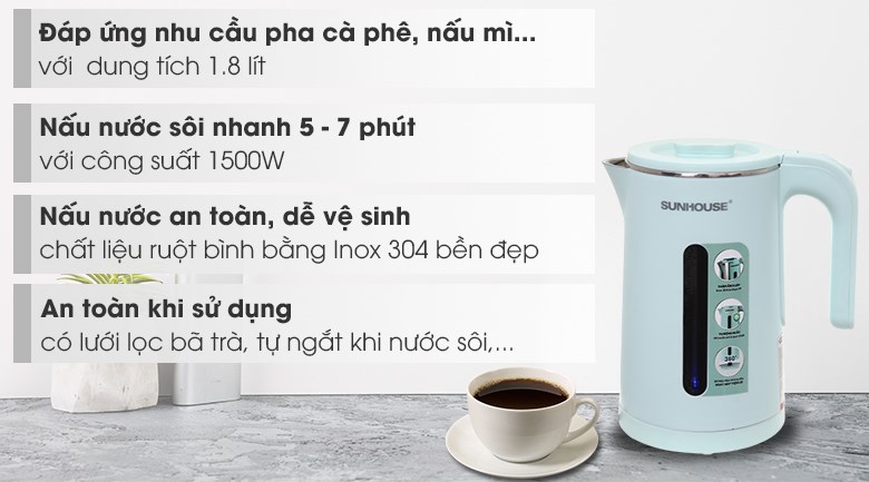 Ấm Siêu Tốc Inox 2 Lớp 1.8L Sunhouse SHD1351