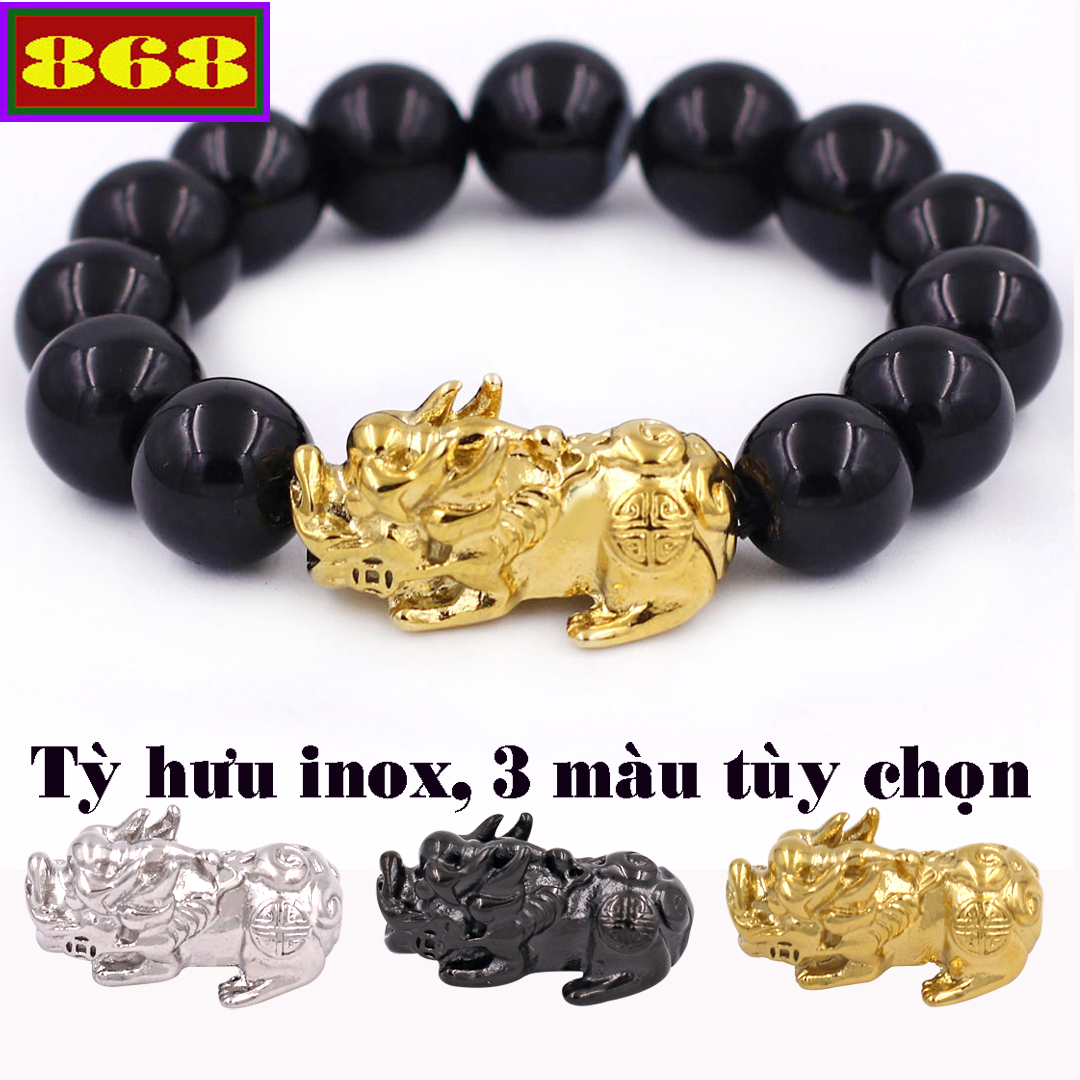 Vòng tay Tỳ hưu inox 304  - Chuỗi tay đá Thạch Anh đen 14 ly VTAETHV14 - Hợp mệnh Mộc, Thủy, đem lại bình an, tài lộc