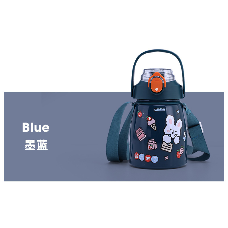 Bình đựng nước béo 1300ml dễ thương chia vạch báo giờ nhắc uống nước tặng dây đeo chéo có ống hút tiện lợi cao cấp