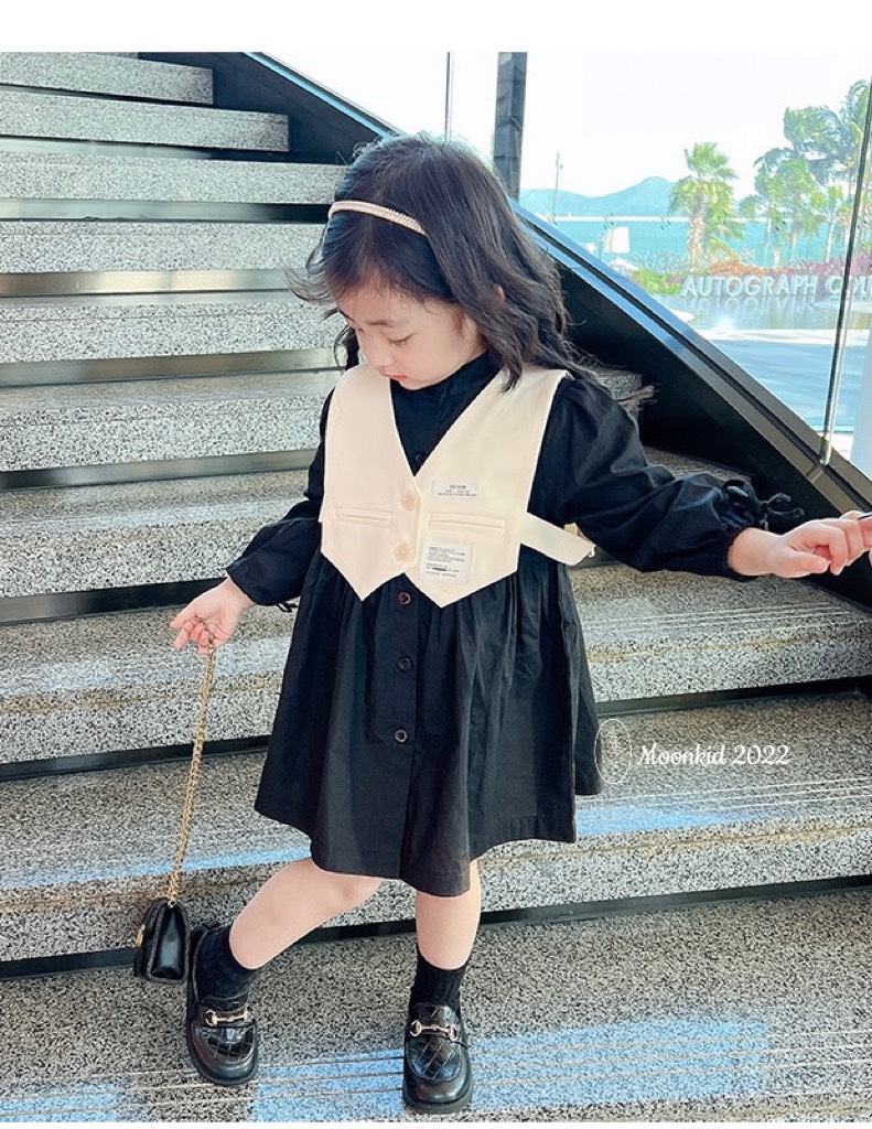 Váy bé gái Babydoll dài tay buộc nơ kèm áo gile 2 mầu Đen và Trắng XHN1052