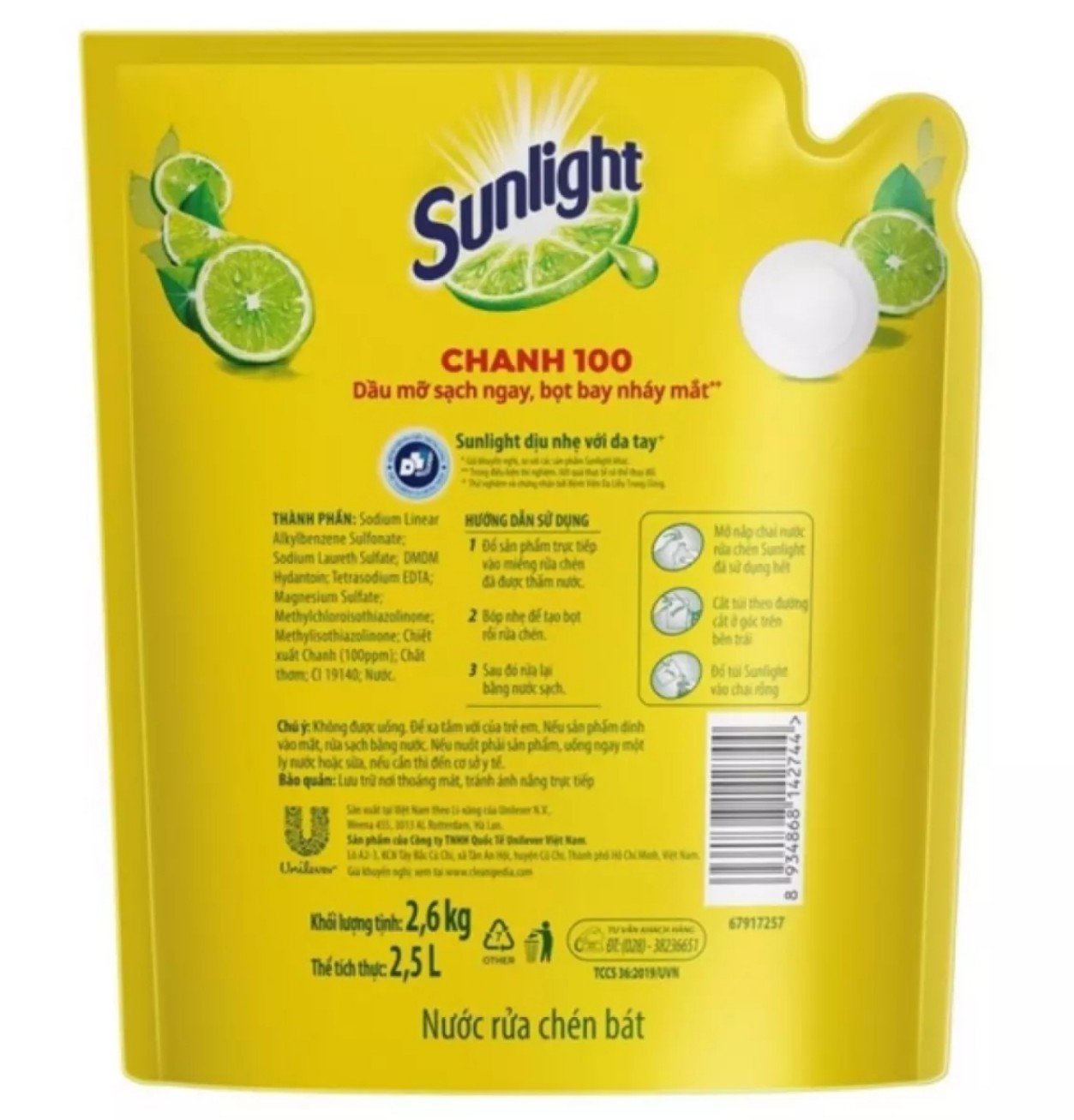 (HCM) NƯỚC RỬA CHÉN SUNLIGHT TÚI 2.6 KG