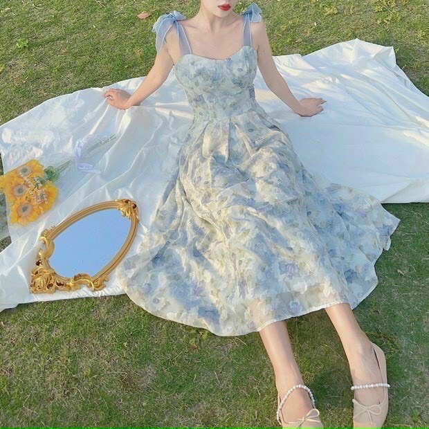 Đầm Hoa Thời Trang Nữ Đầm Hoa 2 Dây Maxi Chất Voan Chifon 2 Lớp Có Mút Ngực Màu Xanh