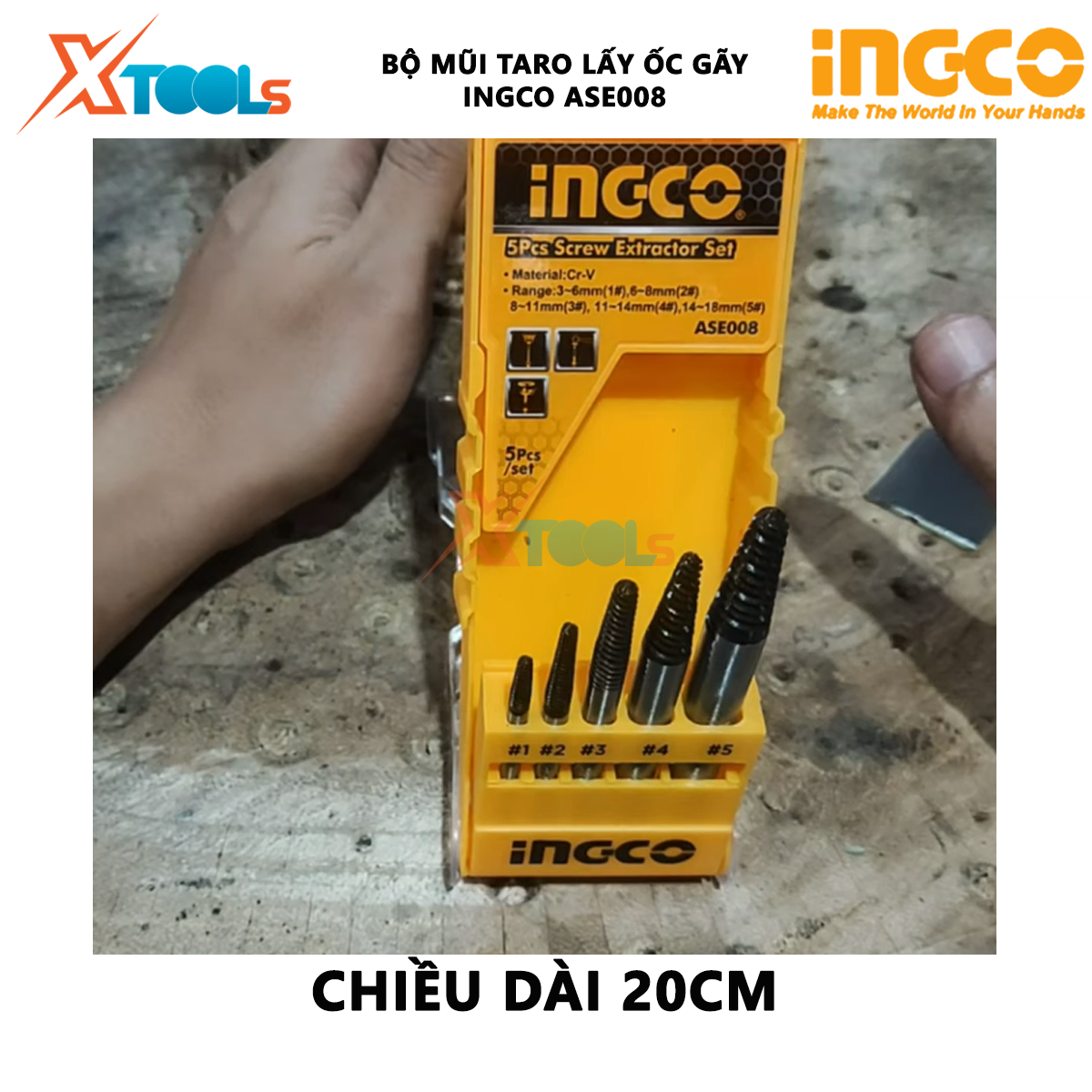 Bộ mũi taro lấy ốc gãy 5 chi tiết INGCO ASE008 Bộ 5 mũi ven răng Size 3-18mm Chất liệu Cr-V XTOOLs
