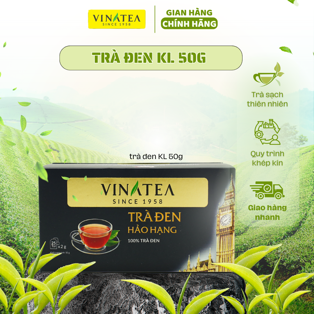 Trà đen hảo hạng 50g, trà túi lọc 25 gói vị đậm đà phong cách Anh, hồng trà đen cao cấp Vinatea