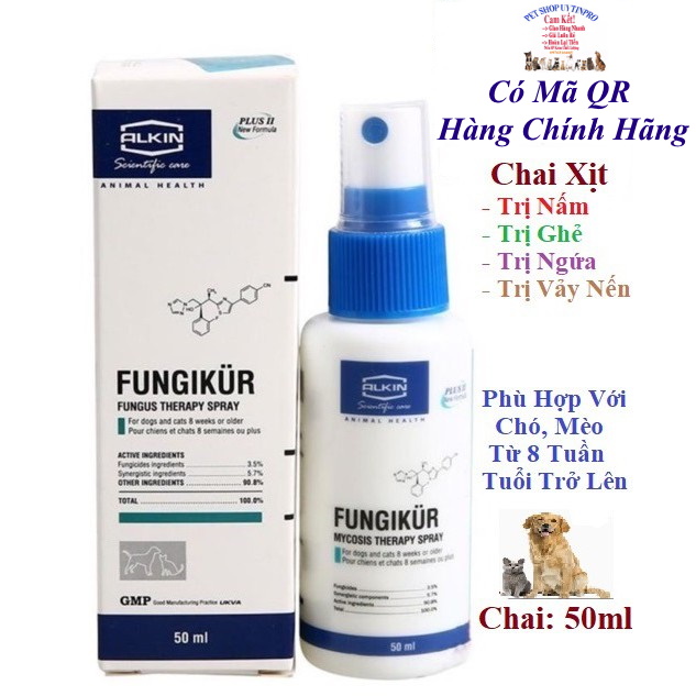 [Hoàn tiền 10%]  Chai Xịt Loại bỏ Nấm Ghẻ Ngứa Vảy Nến FUNGIKUR cho CHÓ MÈO THÚ CƯNG Chai 50ml Xuất xứ Anh Quốc - Pet shop Uytinpro
