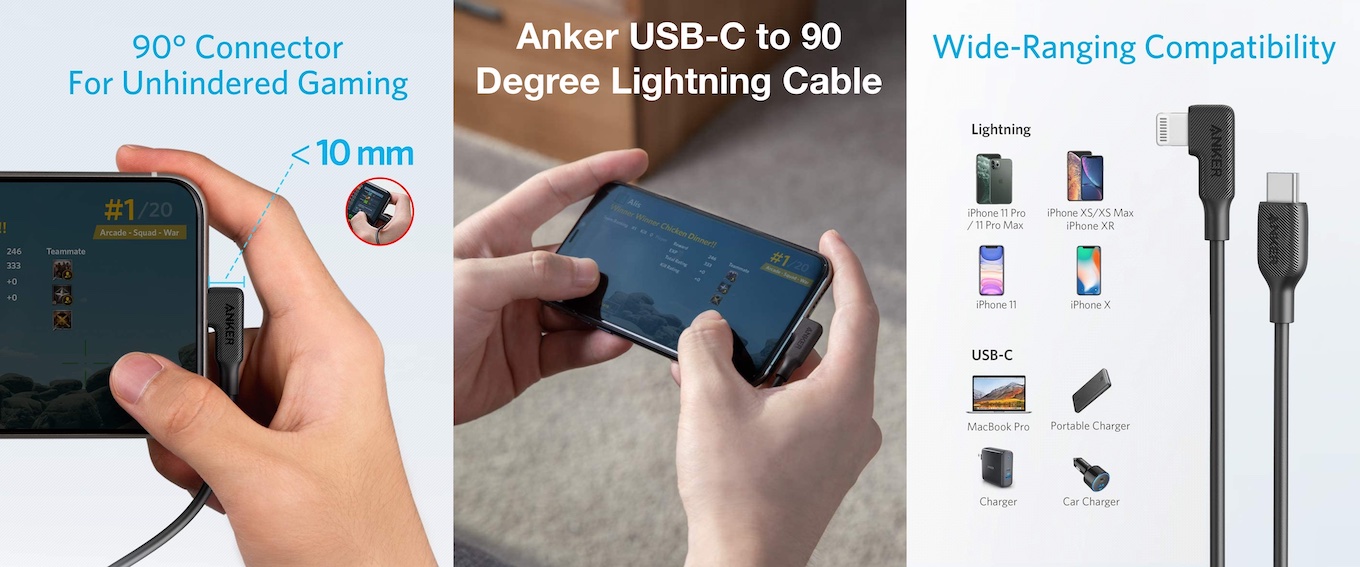 Cáp sạc nhanh c-l anker y2360 0.9m 90 độ gaming pd 20w sạc nhanh cho iphone/ipad