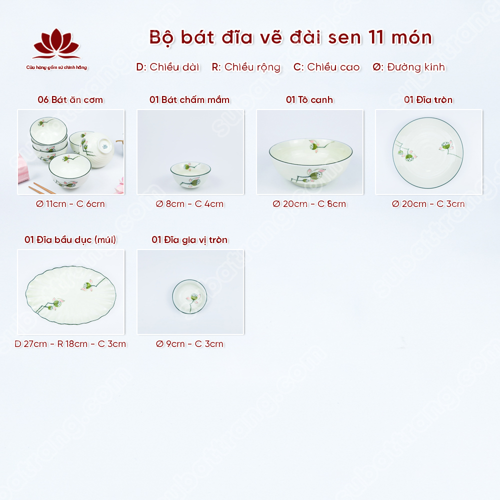 Bộ bát đĩa vẽ đài sen cao cấp Bát Tràng
