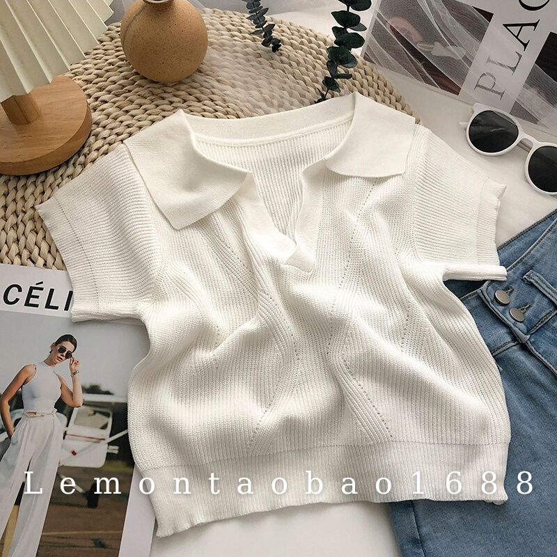 Áo Len Cộc Tay Cổ Chữ V Co Dãn Cho Nữ