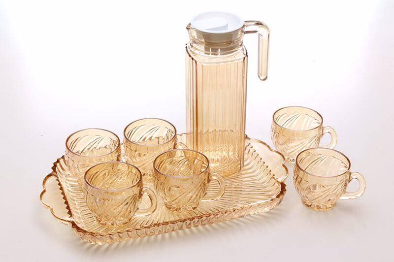 Bộ bình 6 cốc kèm khay nhũ vàng thủy tinh
